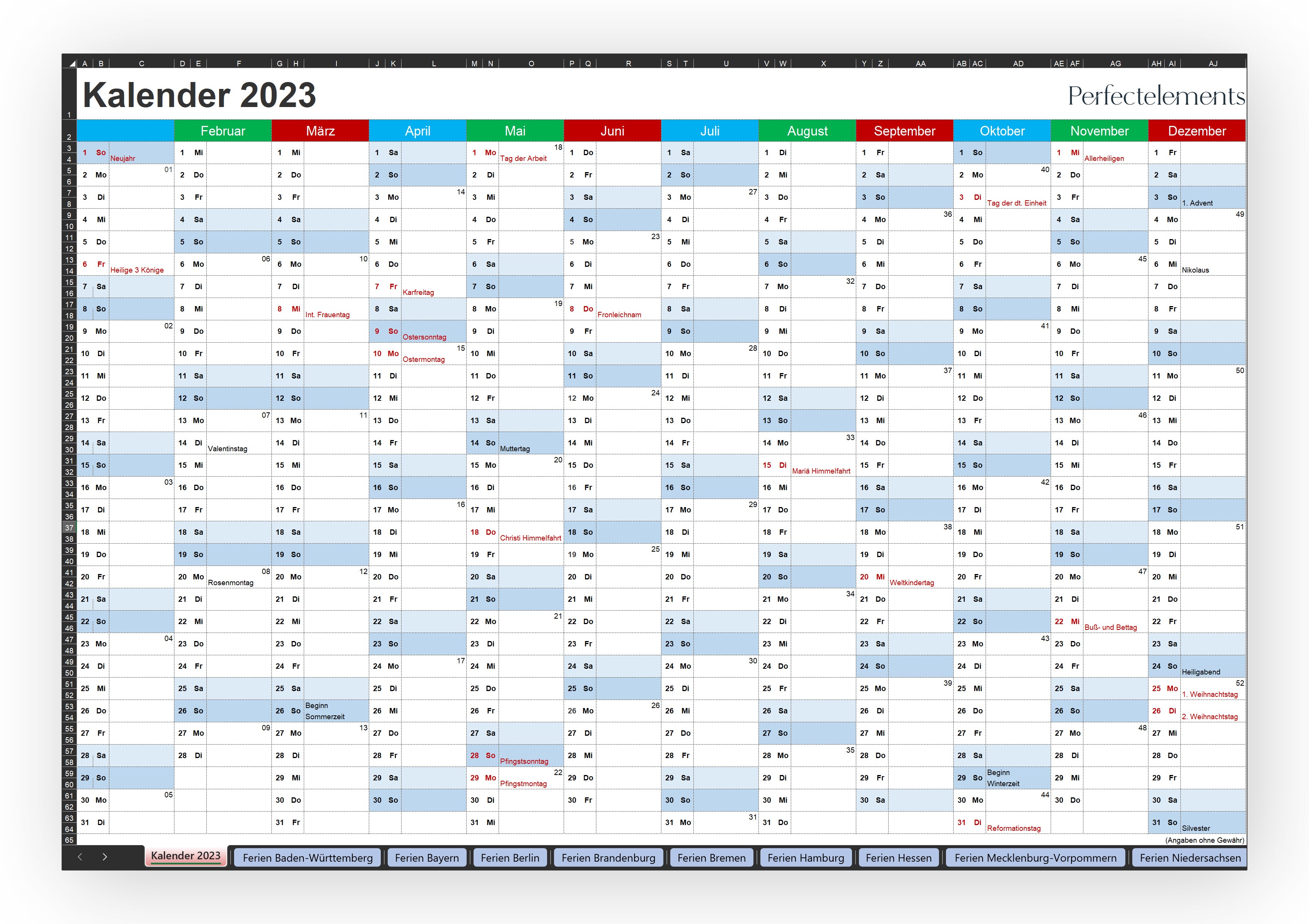 Jahreskalender 2023 im Excel-Format