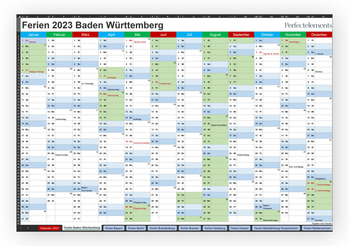 Jahreskalender 2023 im Excel-Format