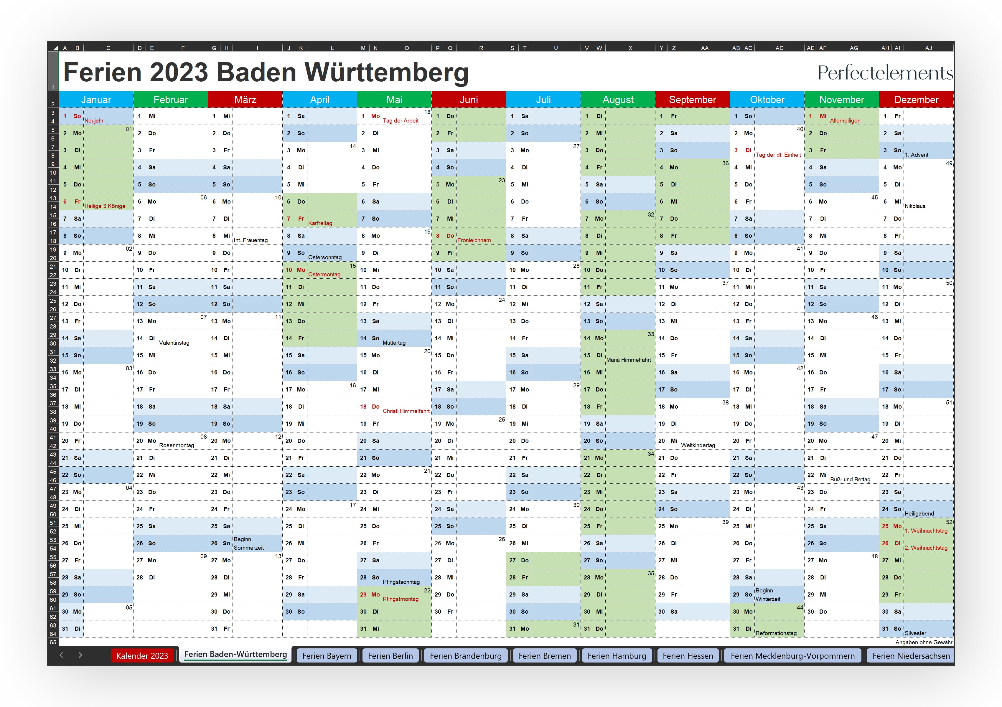 Jahreskalender 2023 im Excel-Format