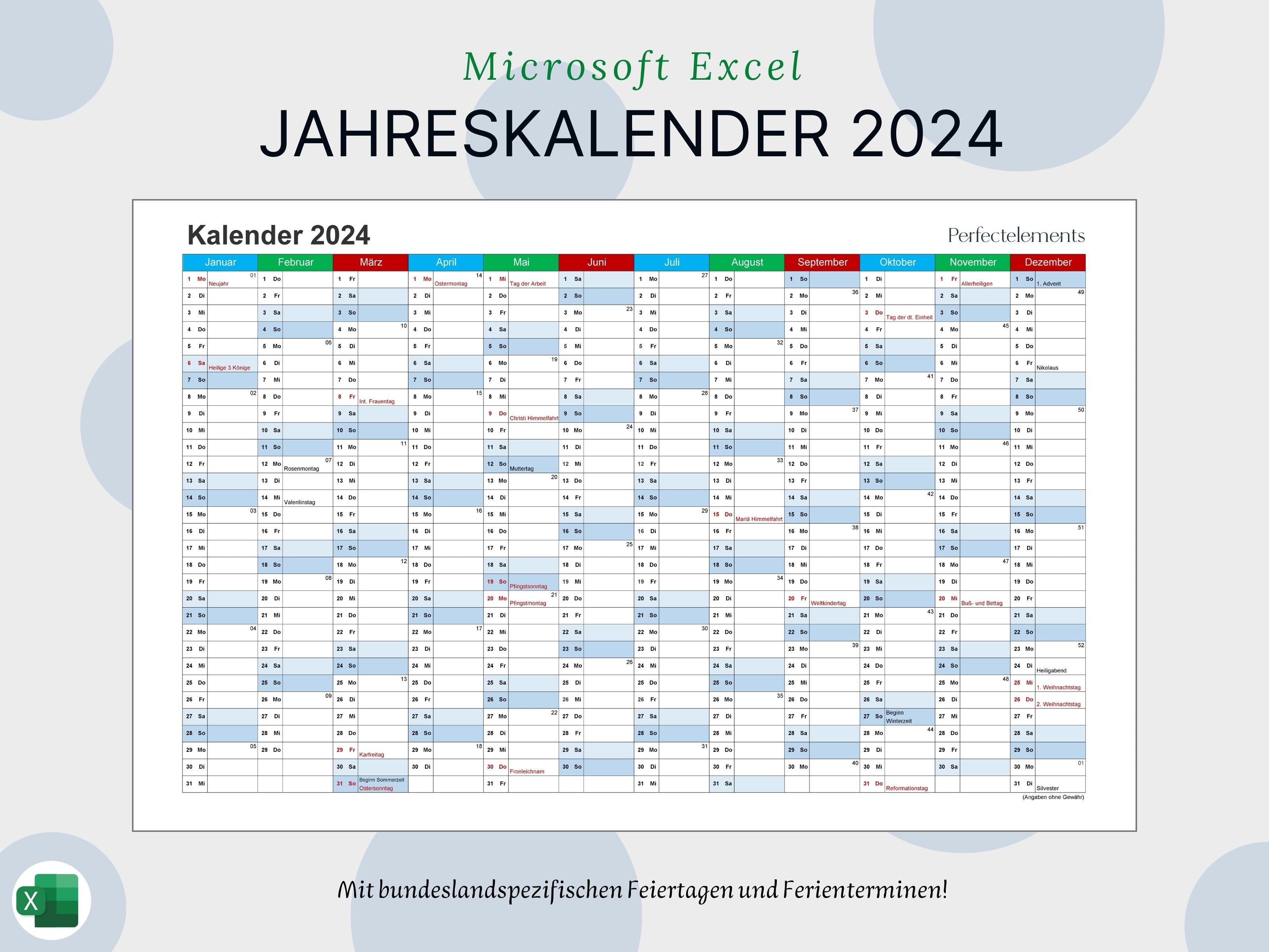 Jahreskalender 2024 im Excel-Format