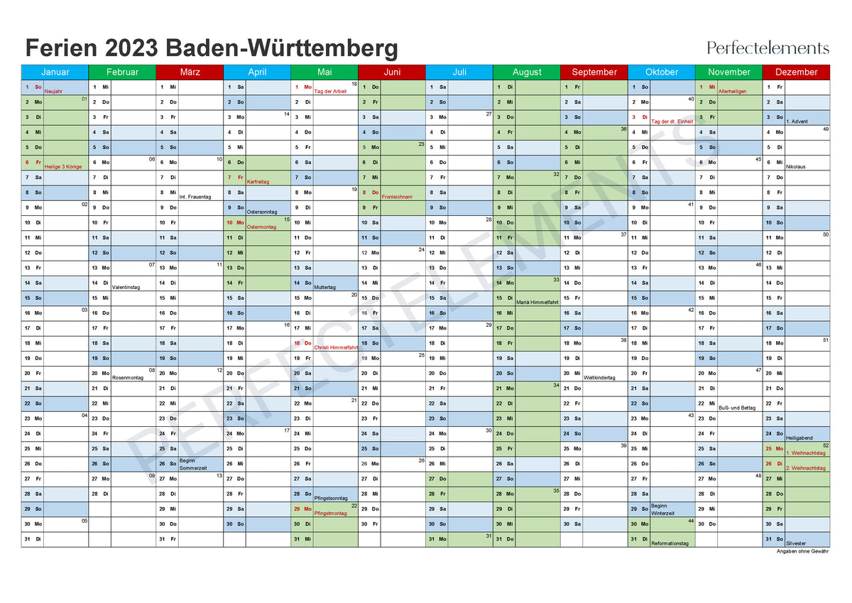 Jahreskalender 2023 im PDF-Format (Bundesland Baden-Württemberg)