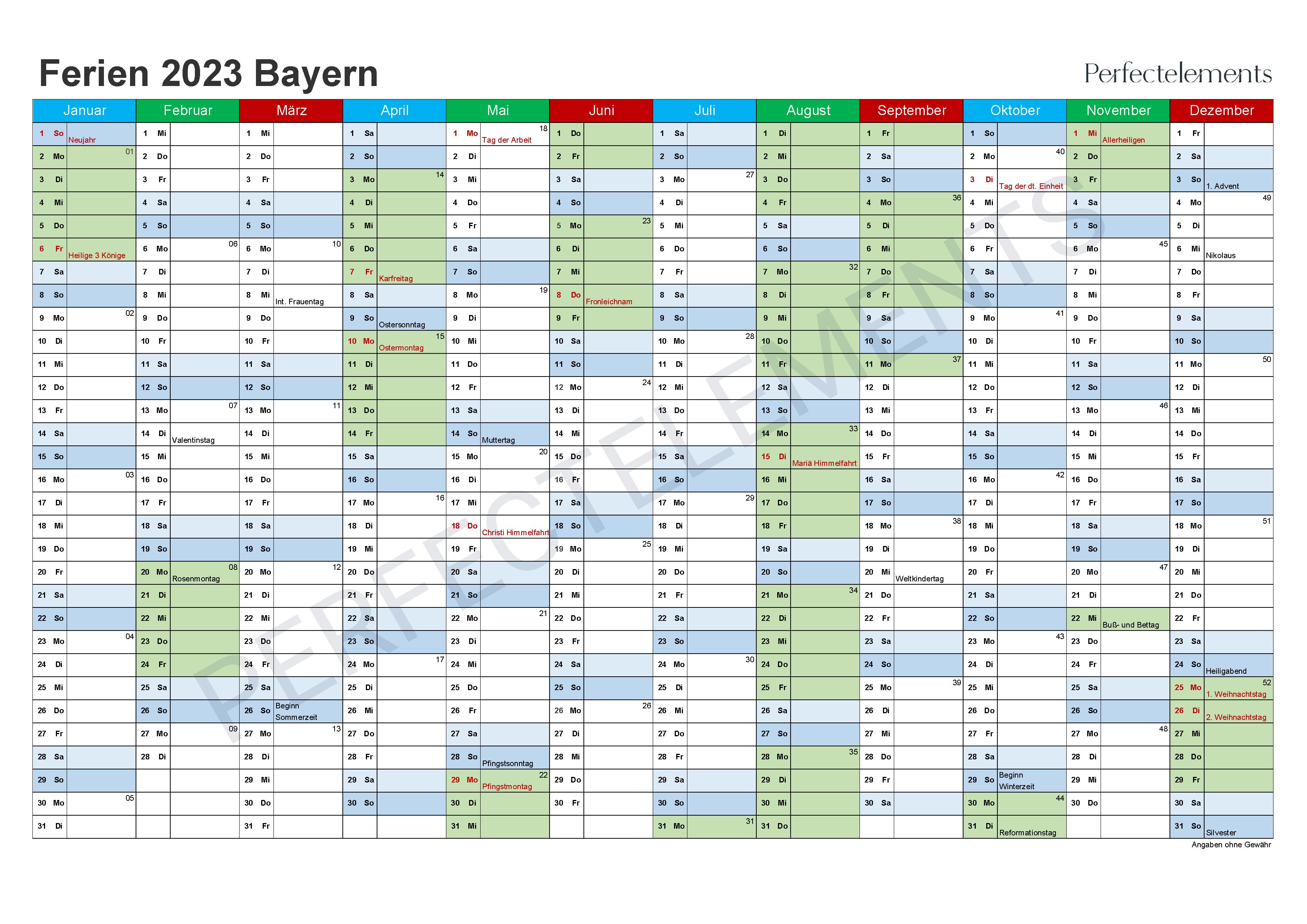 Jahreskalender 2023 im PDF-Format (Bundesland Bayern)