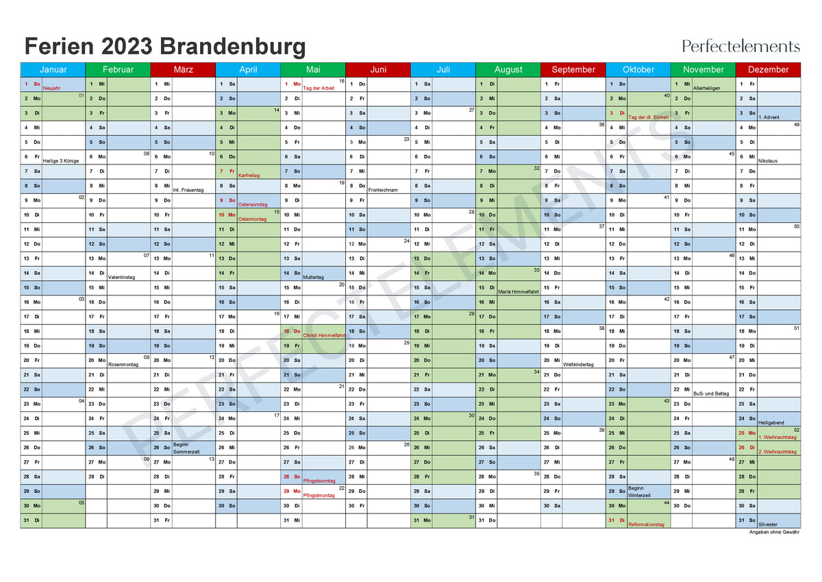 Jahreskalender 2023 im PDF-Format (Bundesland Brandenburg)