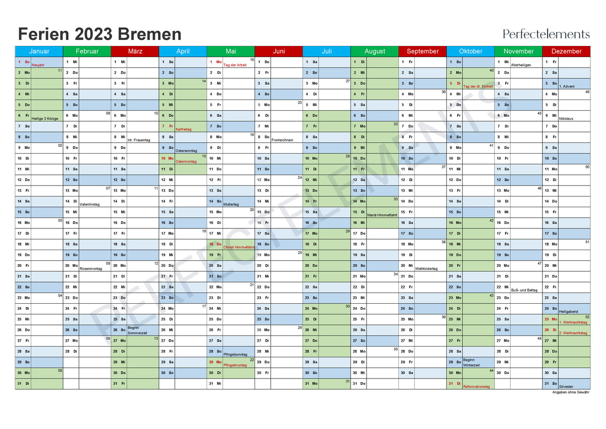 Jahreskalender 2023 im PDF-Format (Bundesland Bremen)