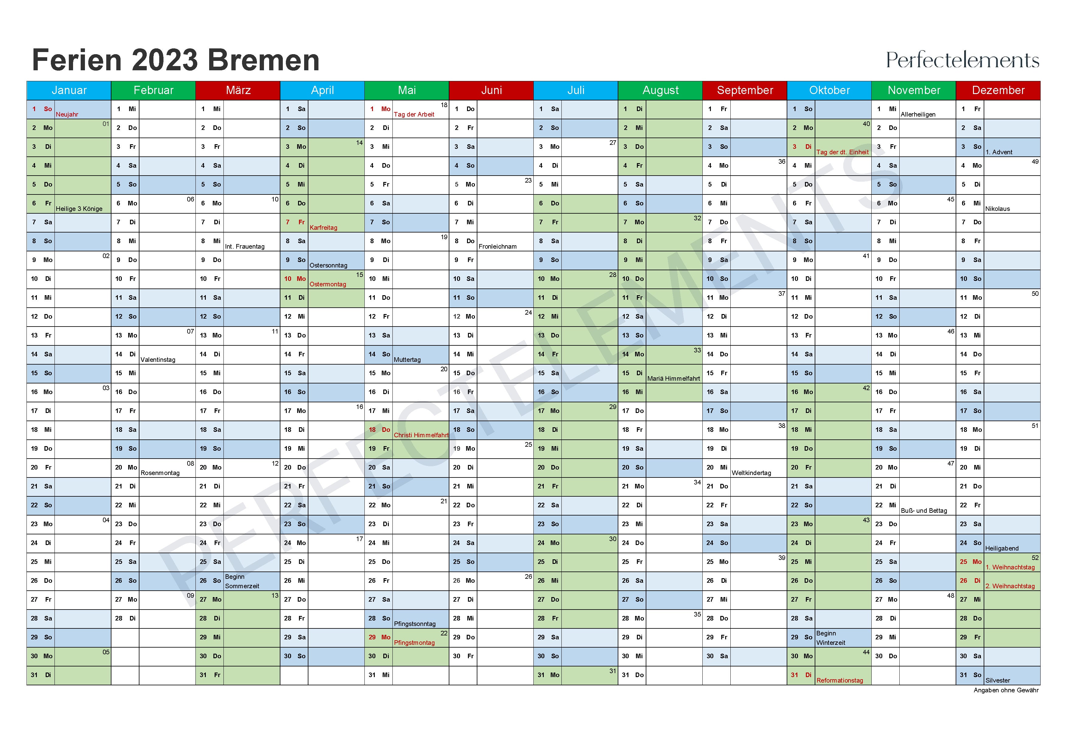 Jahreskalender 2023 im PDF-Format (Bundesland Bremen)