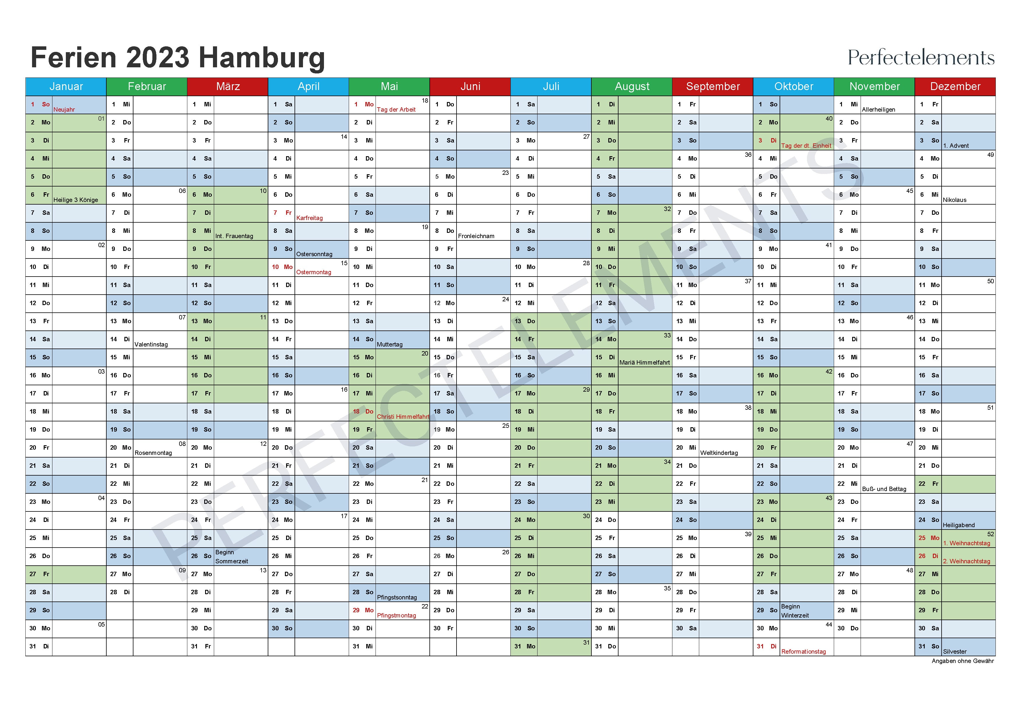 Jahreskalender 2023 im PDF-Format (Bundesland Hamburg)