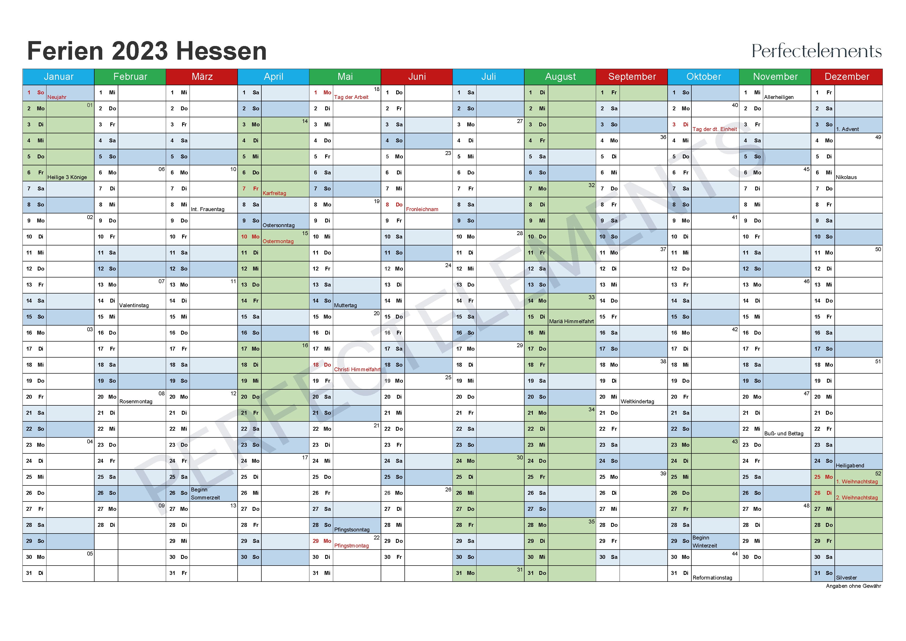 Jahreskalender 2023 im PDF-Format (Bundesland Hessen)