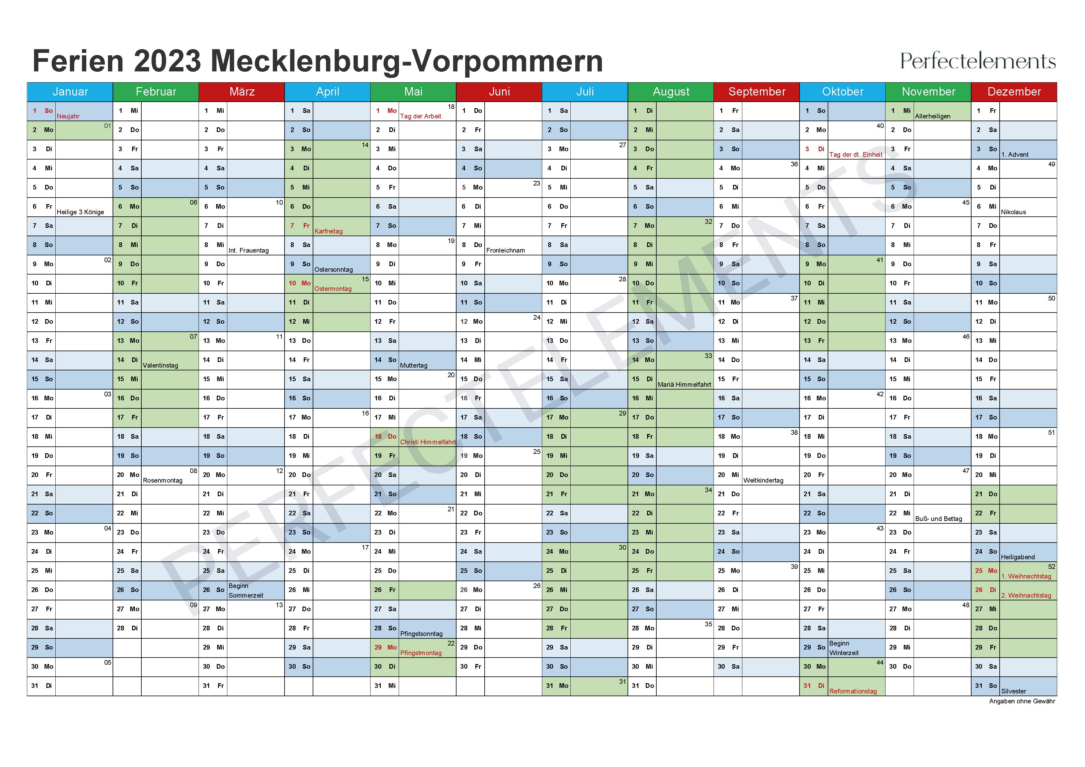 Jahreskalender 2023 im PDF-Format (Bundesland Mecklenburg-Vorpommern)