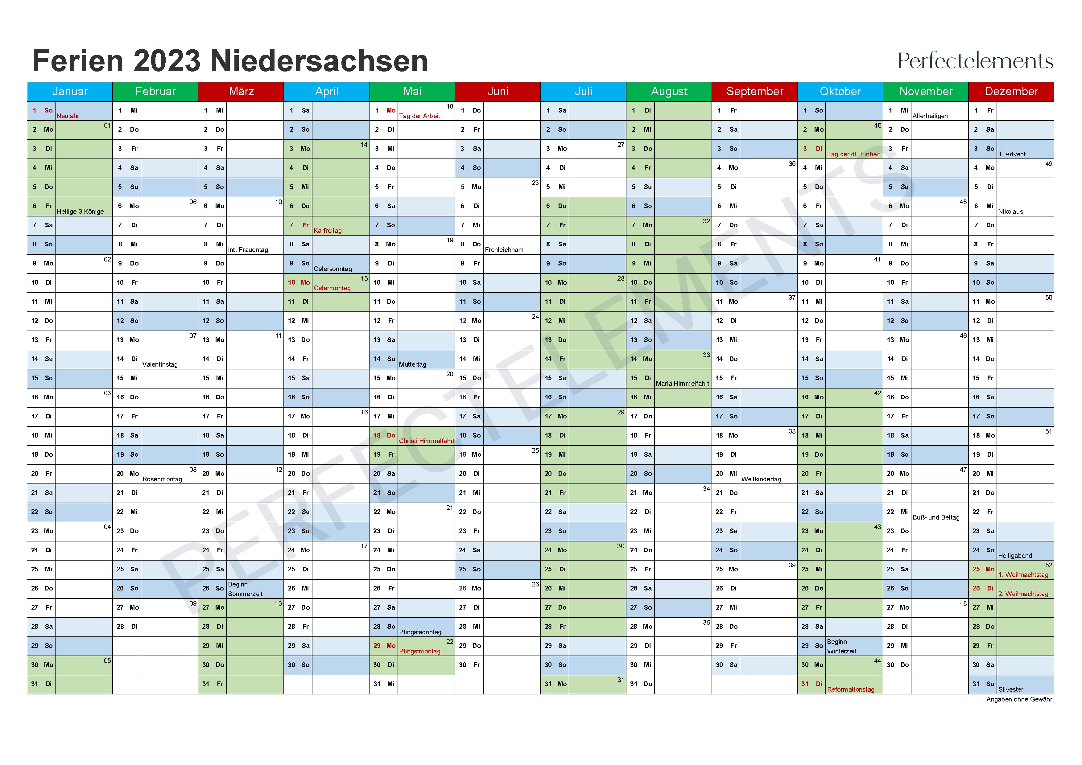 Jahreskalender 2023 im PDF-Format (Bundesland Niedersachsen)