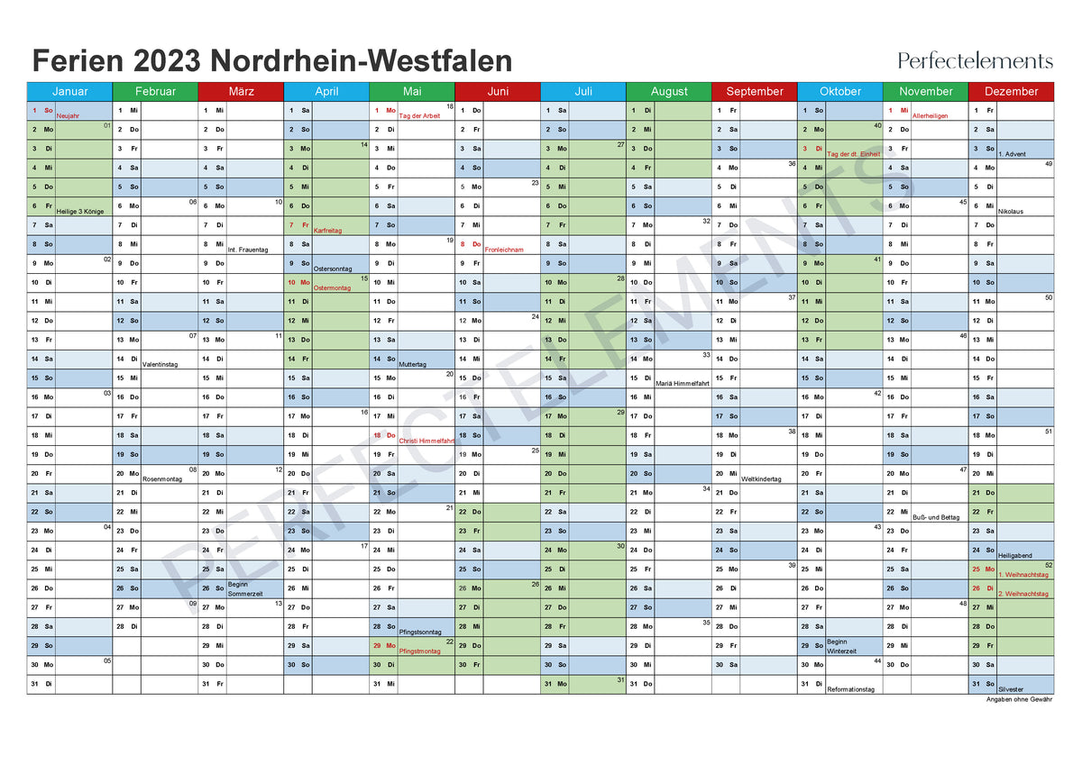 Jahreskalender 2023 im PDF-Format (Bundesland Nordrhein-Westfalen)