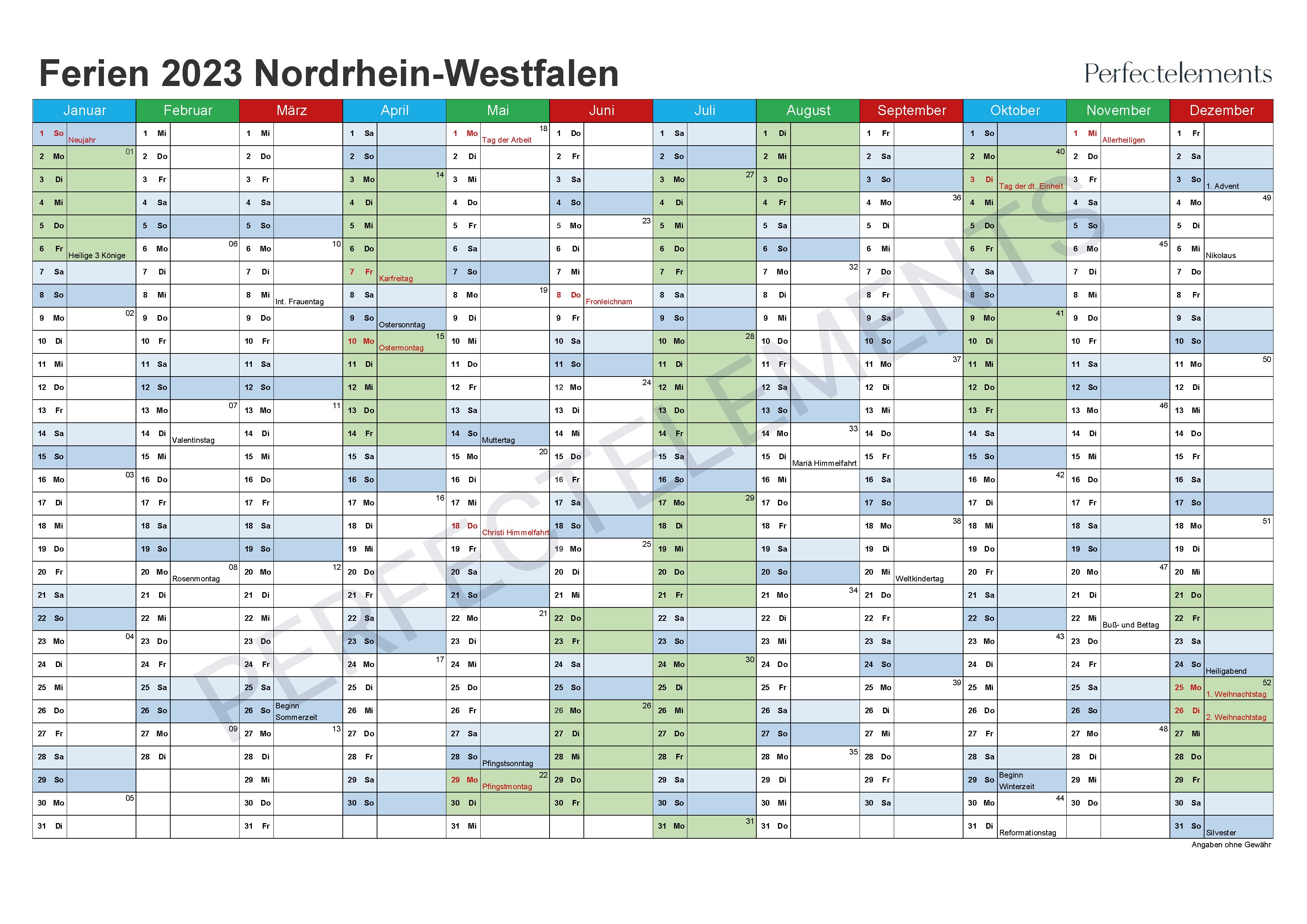 Jahreskalender 2023 im PDF-Format (Bundesland Nordrhein-Westfalen)