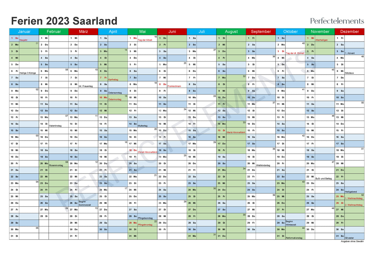 Jahreskalender 2023 im PDF-Format (Bundesland Saarland)