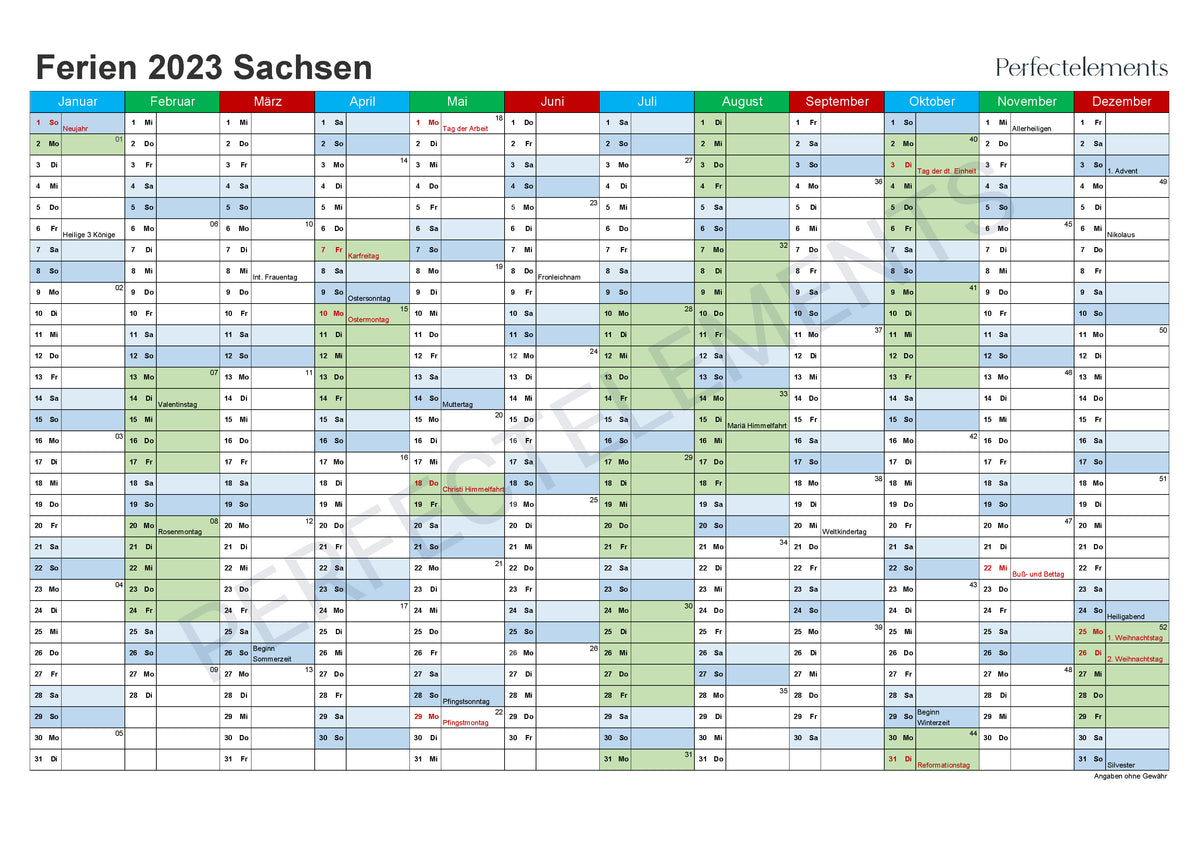 Jahreskalender 2023 im PDF-Format (Bundesland Sachsen)