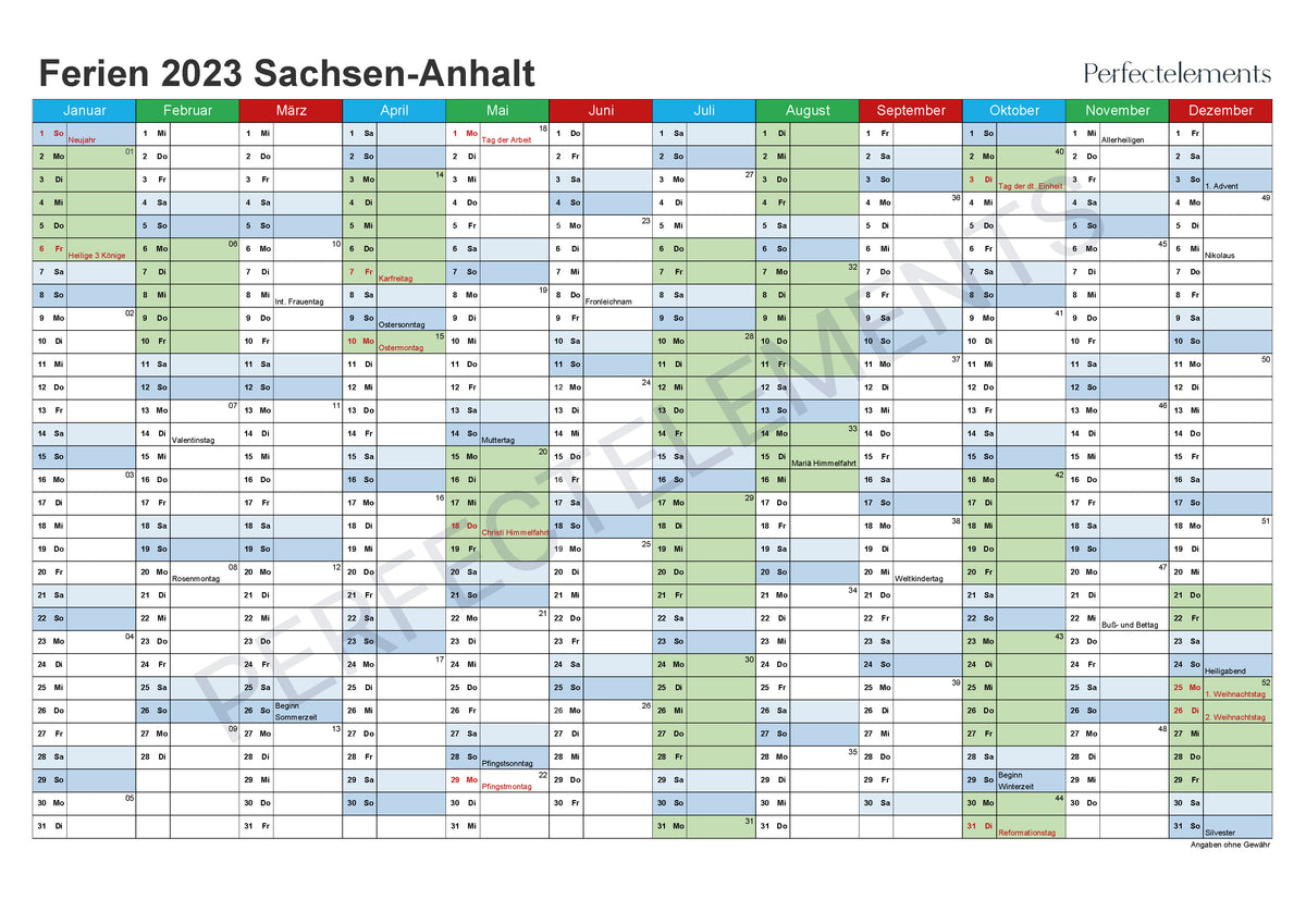 Jahreskalender 2023 im PDF-Format (Bundesland Sachsen-Anhalt)