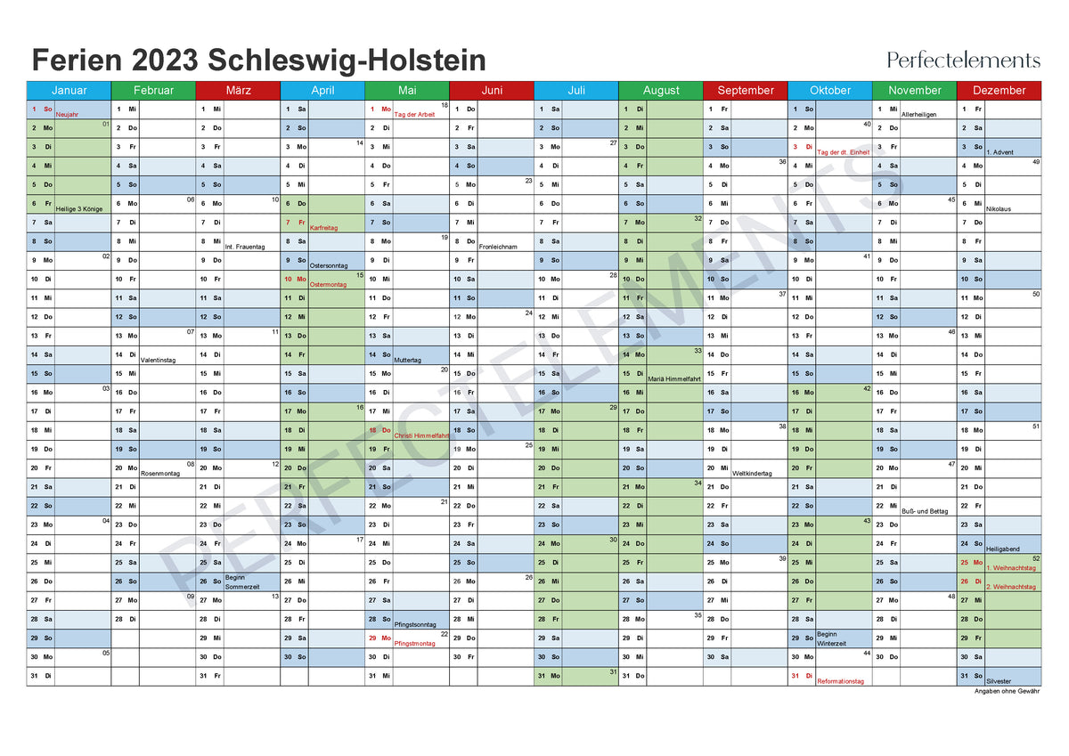 Jahreskalender 2023 im PDF-Format (Bundesland Schleswig-Holstein)