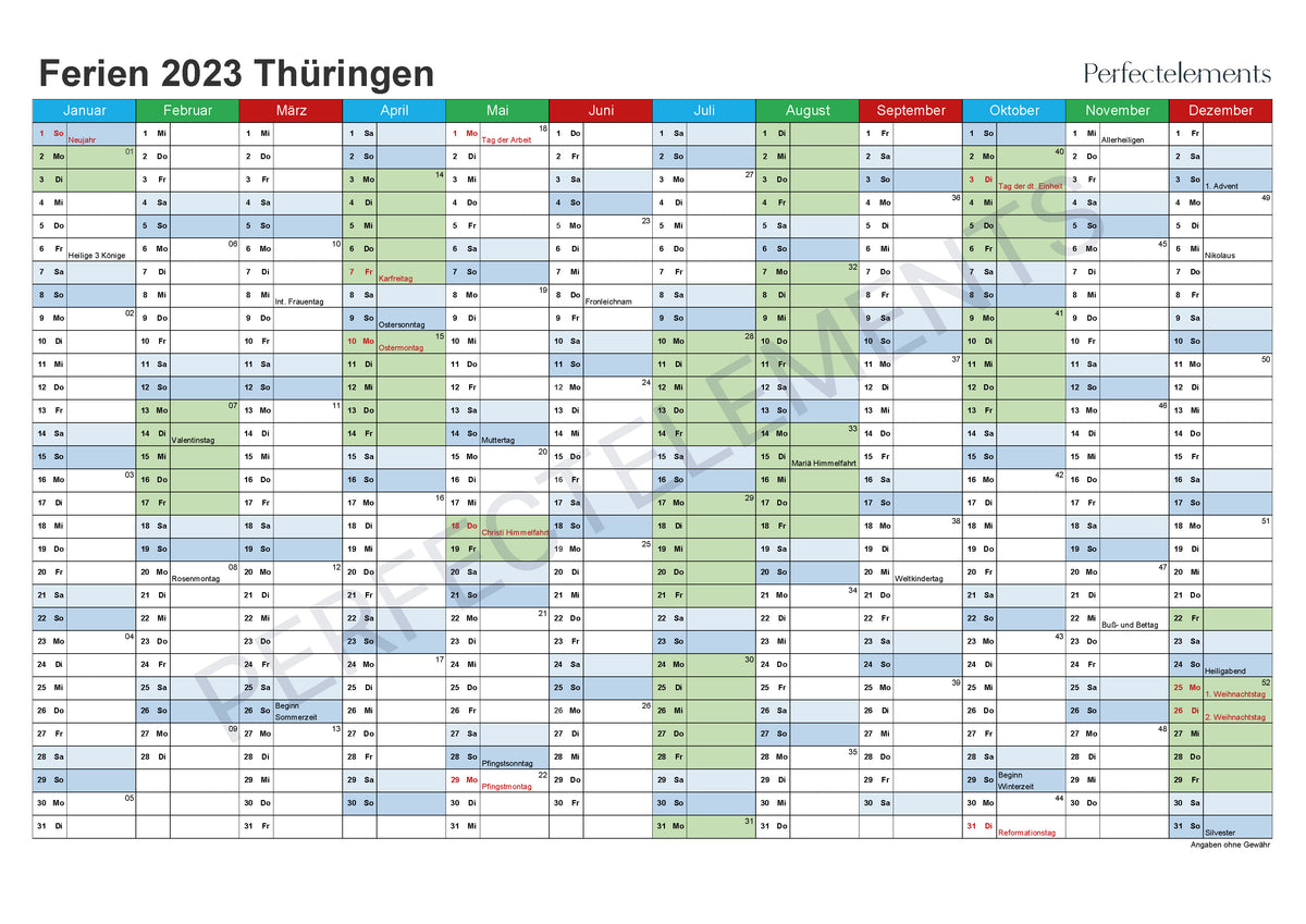 Jahreskalender 2023 im PDF-Format (Bundesland Thüringen)