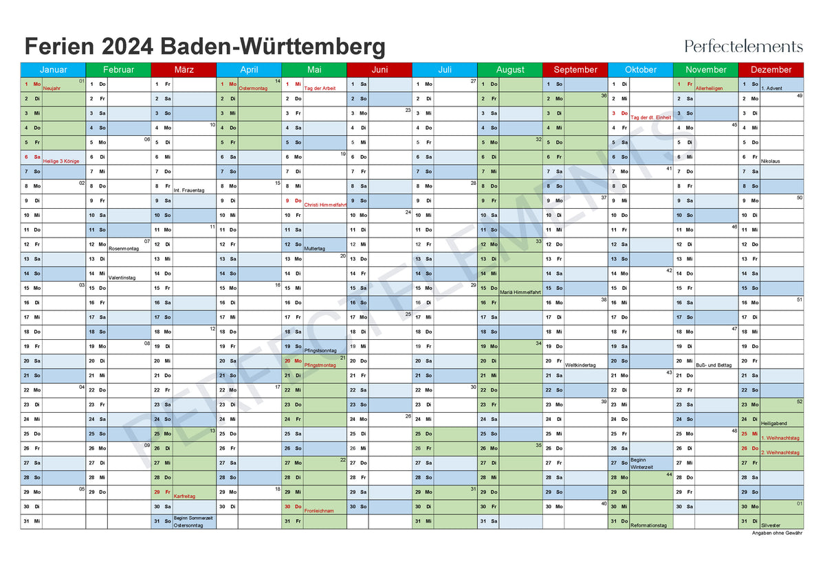 Jahreskalender 2024 im PDF-Format (Bundesland Baden-Württemberg)