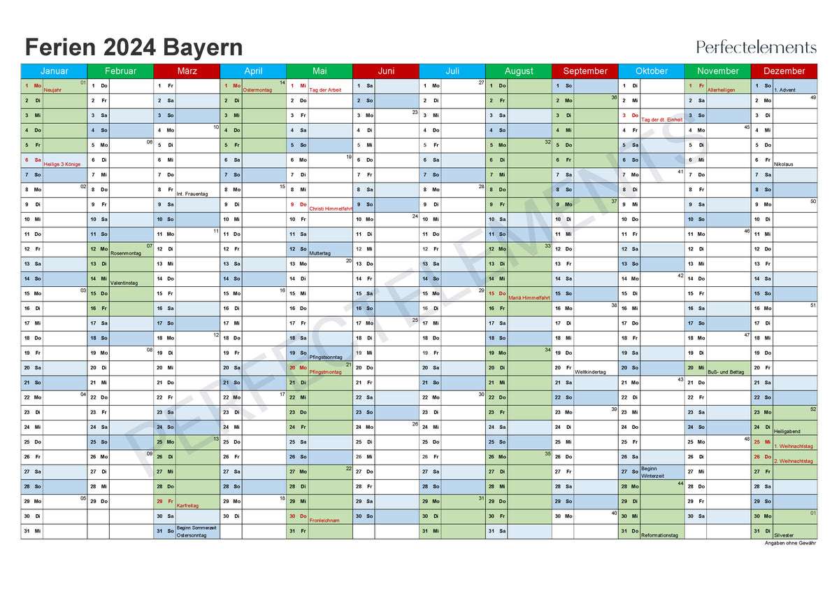 Jahreskalender 2024 im PDF-Format (Bundesland Bayern)