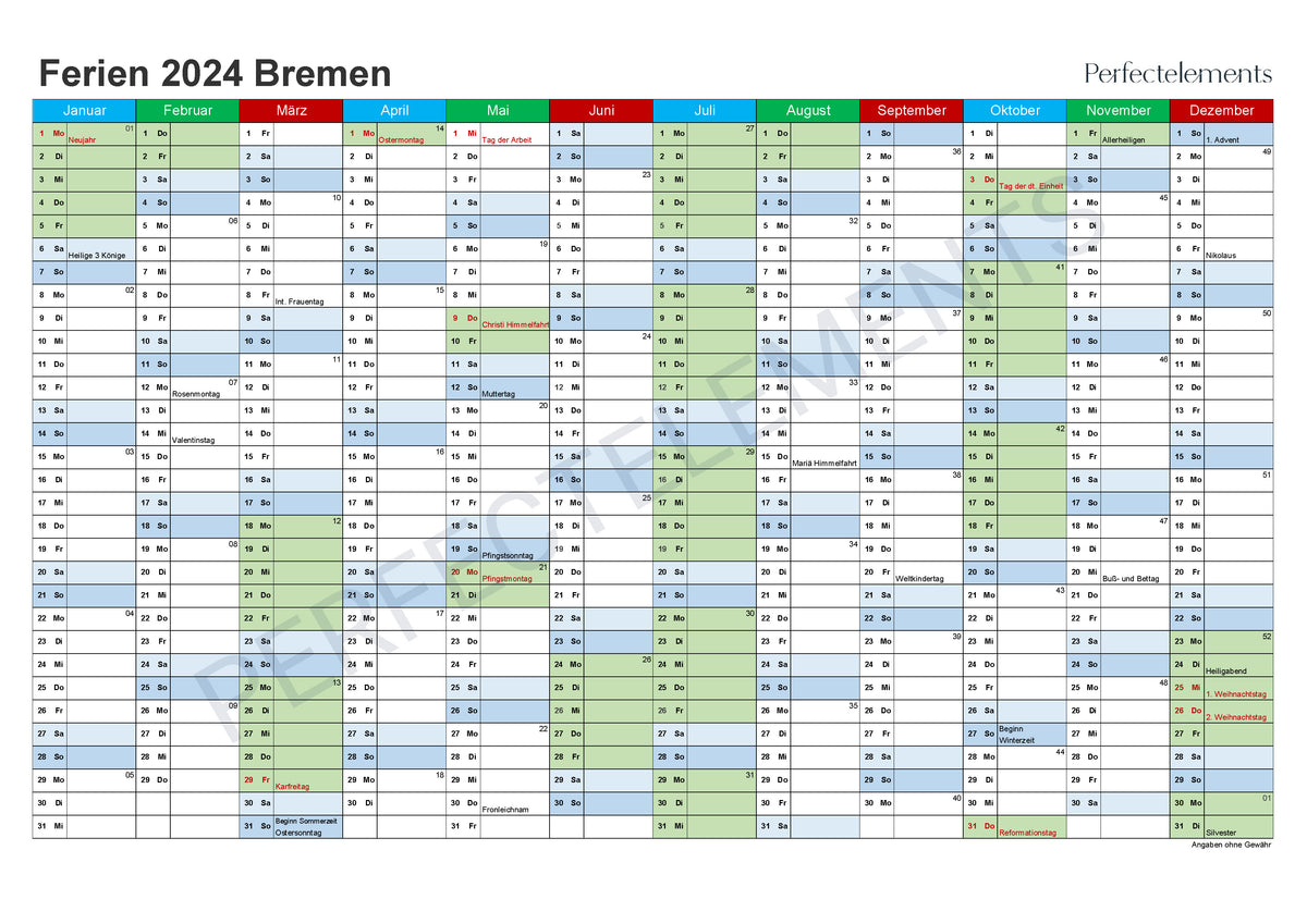 Jahreskalender 2024 im PDF-Format (Bundesland Bremen)