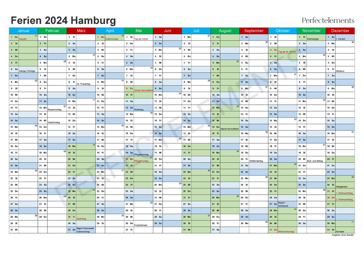 Jahreskalender 2024 im PDF-Format (Bundesland Hamburg)