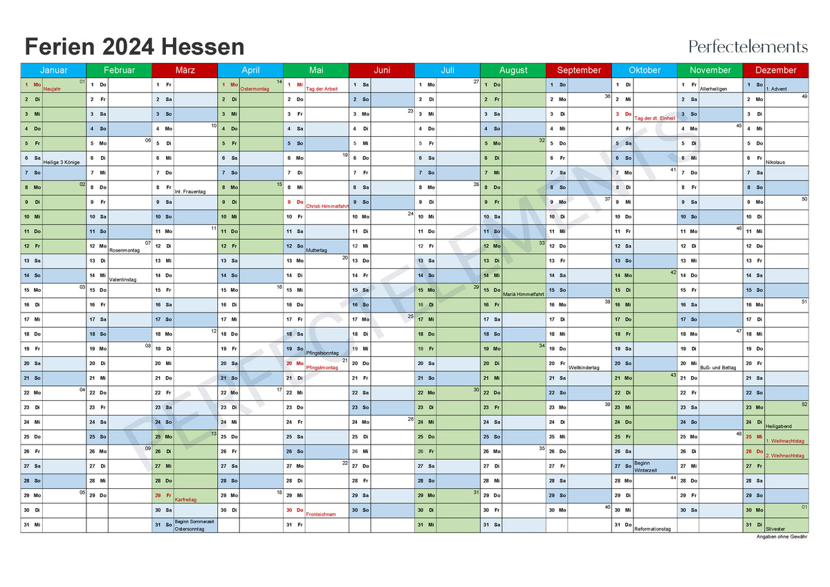 Jahreskalender 2024 im PDF-Format (Bundesland Hessen)