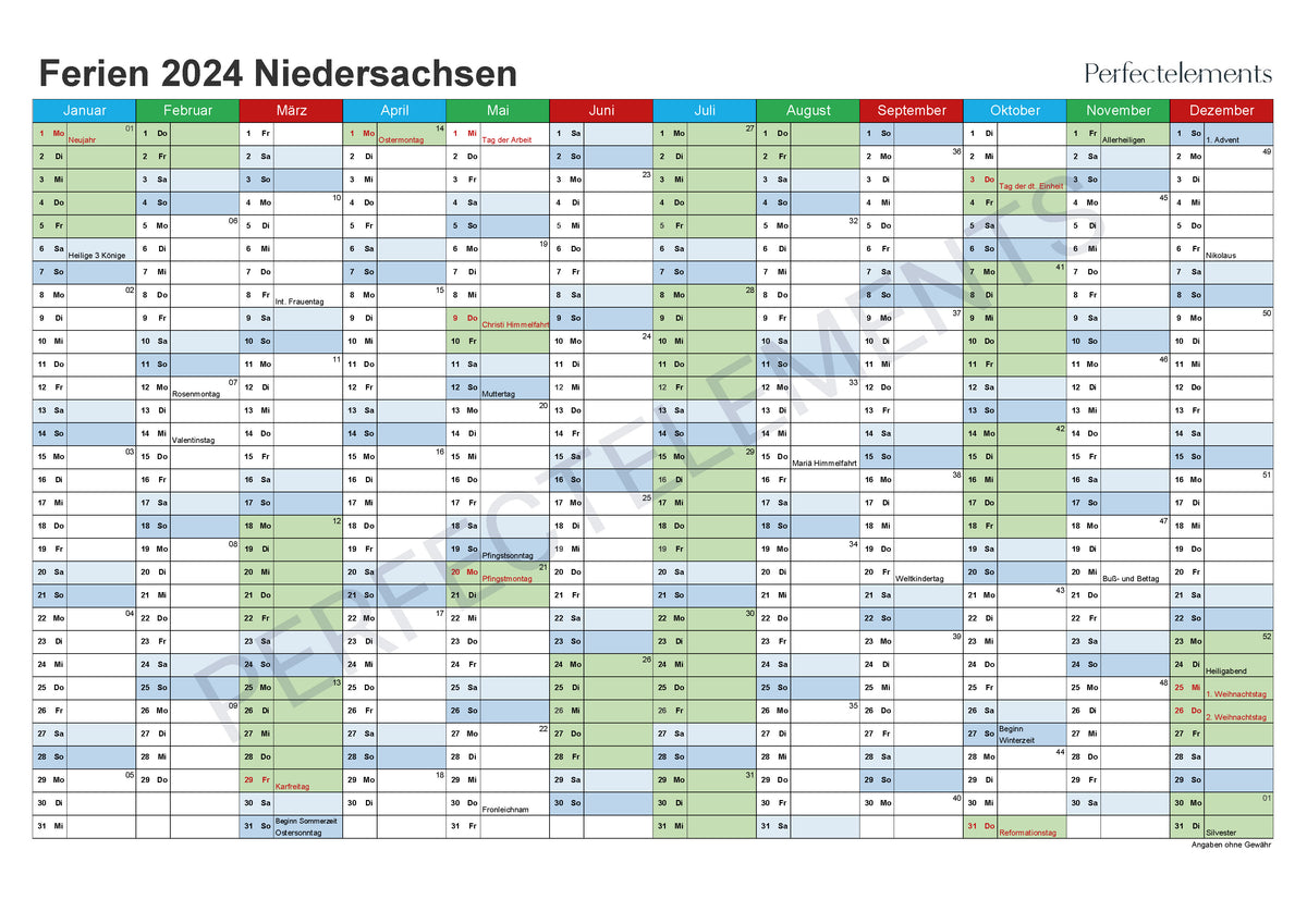 Jahreskalender 2024 im PDF-Format (Bundesland Niedersachsen)