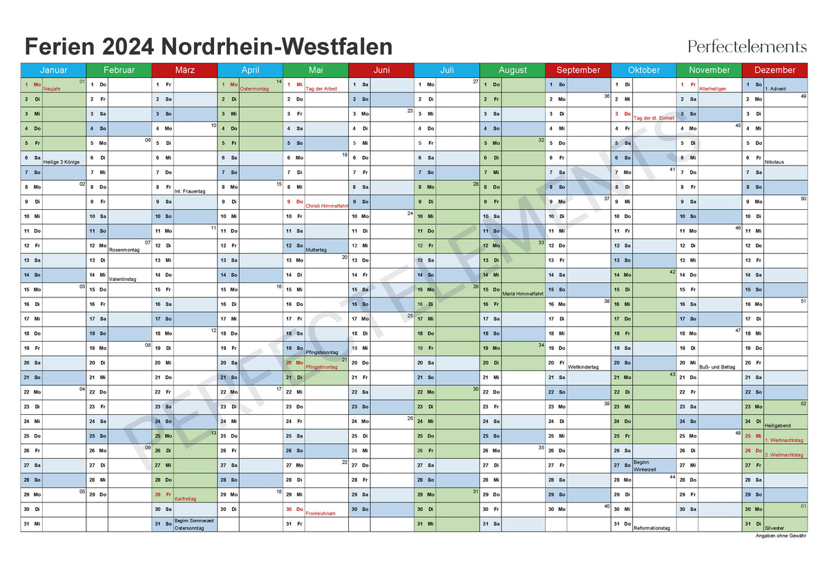 Jahreskalender 2024 im PDF-Format (Bundesland Nordrhein-Westfalen)