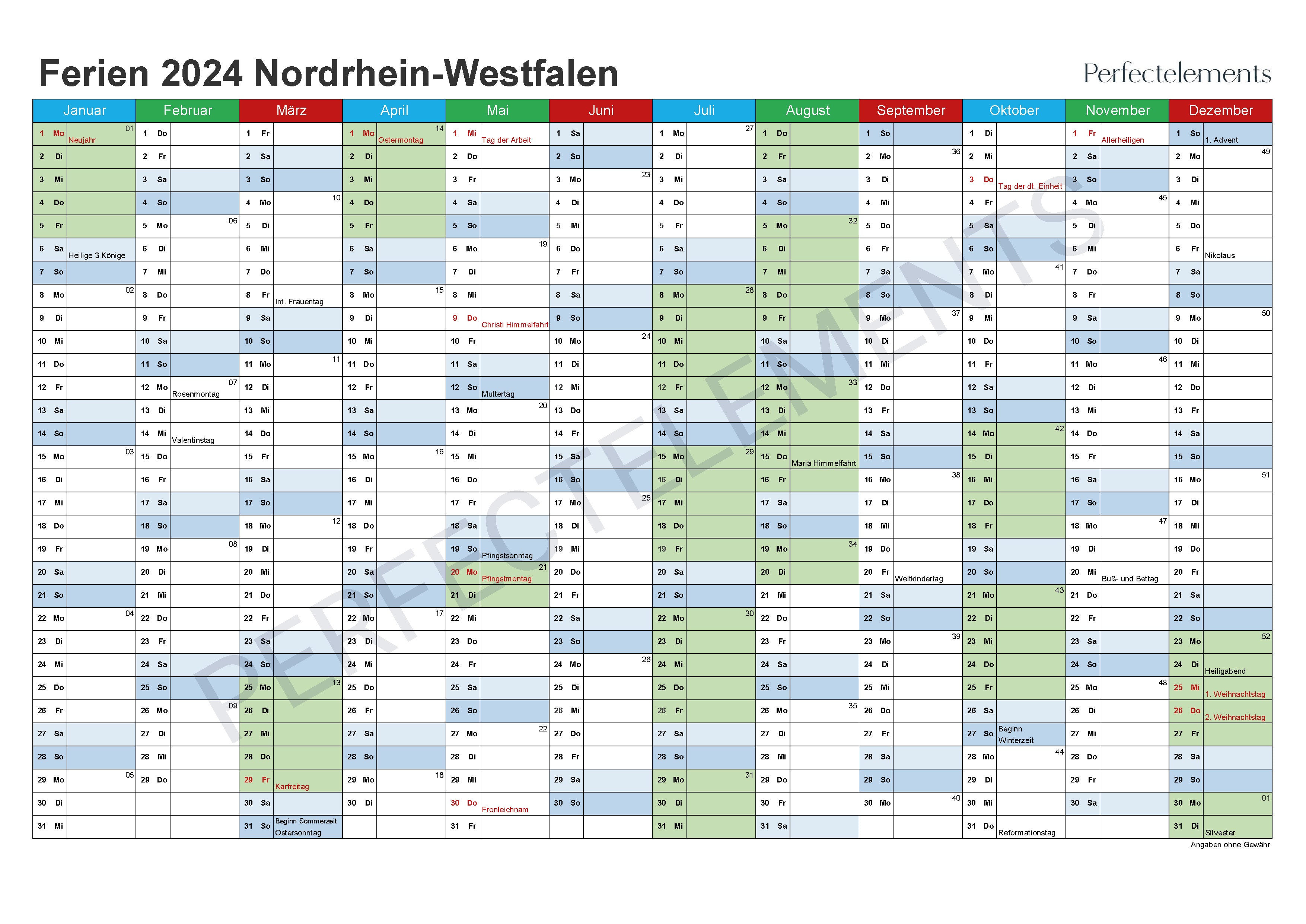 Jahreskalender 2024 im PDF-Format (Bundesland Nordrhein-Westfalen)