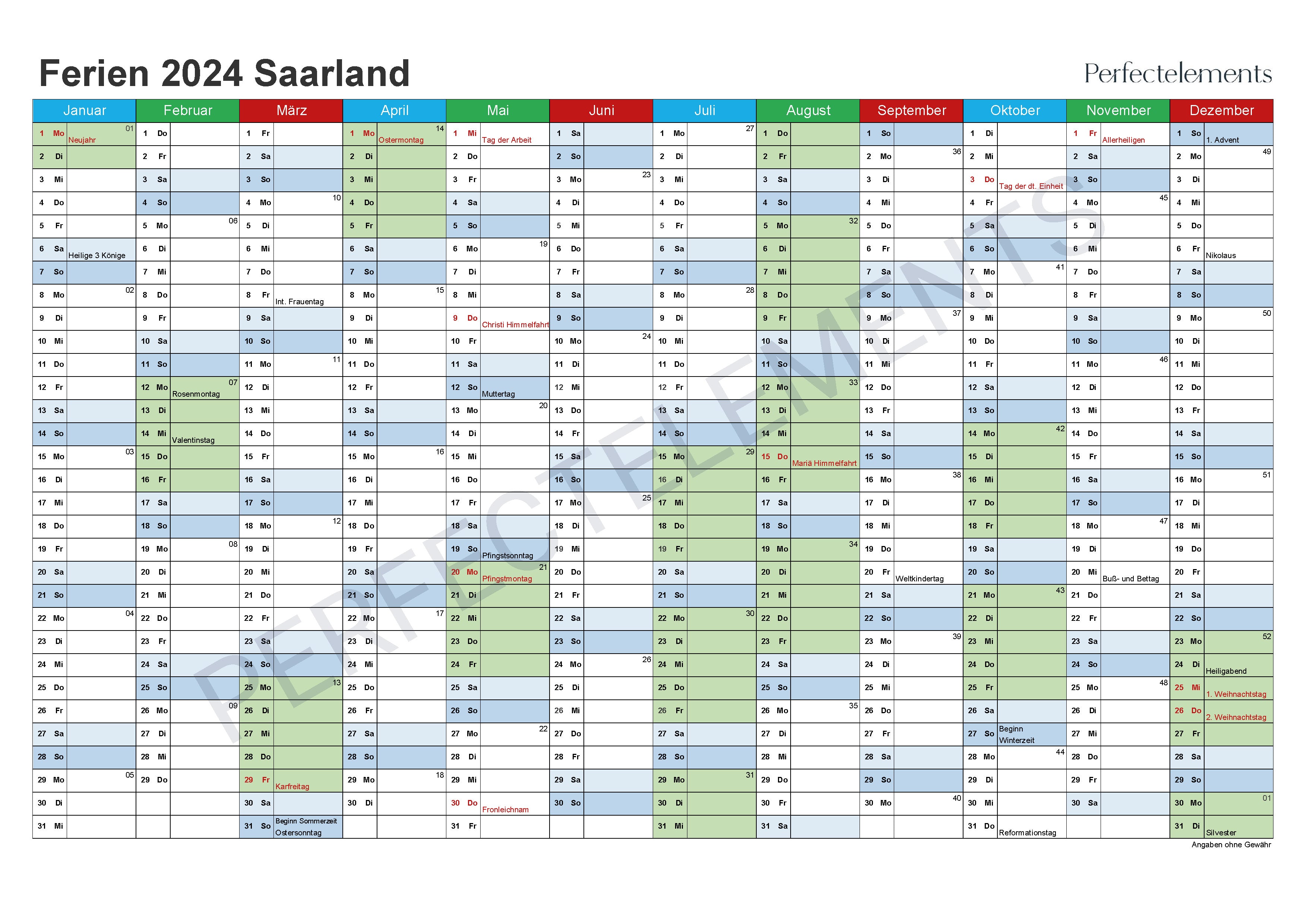 Jahreskalender 2024 im PDF-Format (Bundesland Saarland)