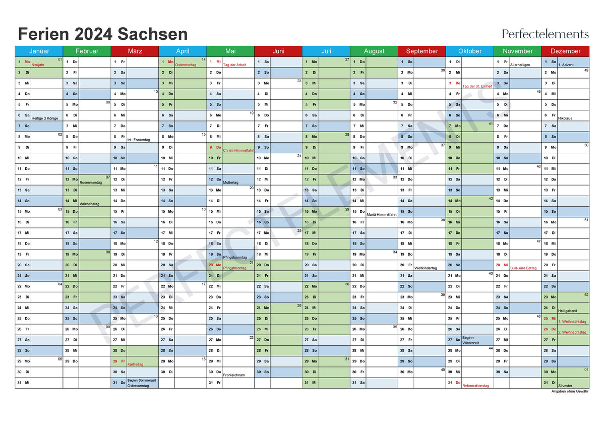 Jahreskalender 2024 im PDF-Format (Bundesland Sachsen)