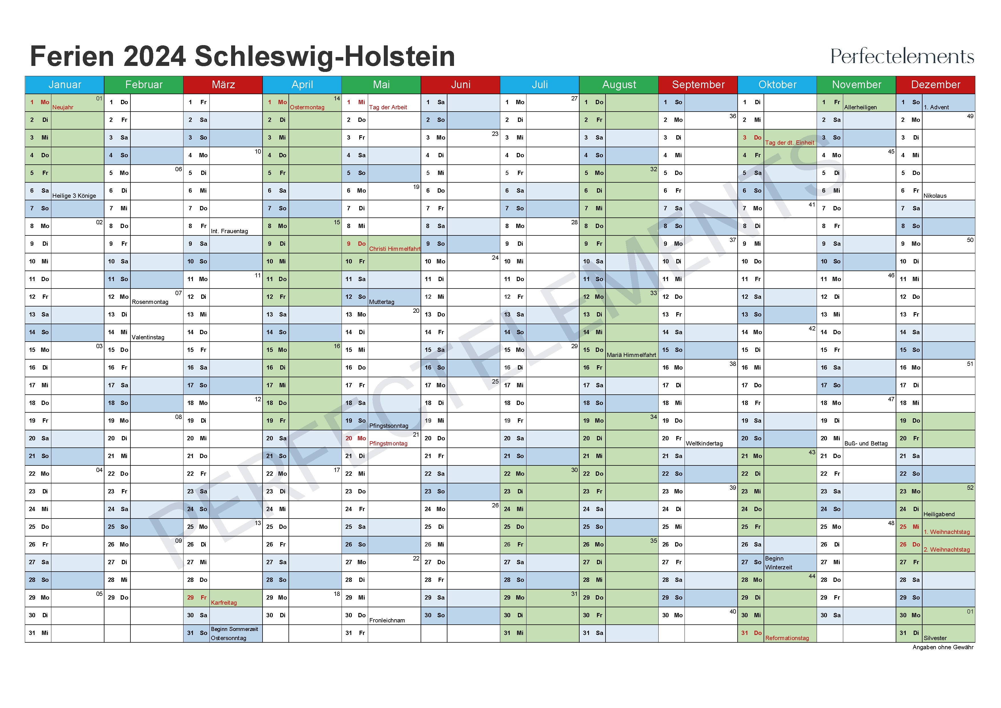 Jahreskalender 2024 im PDF-Format (Bundesland Schleswig-Holstein)