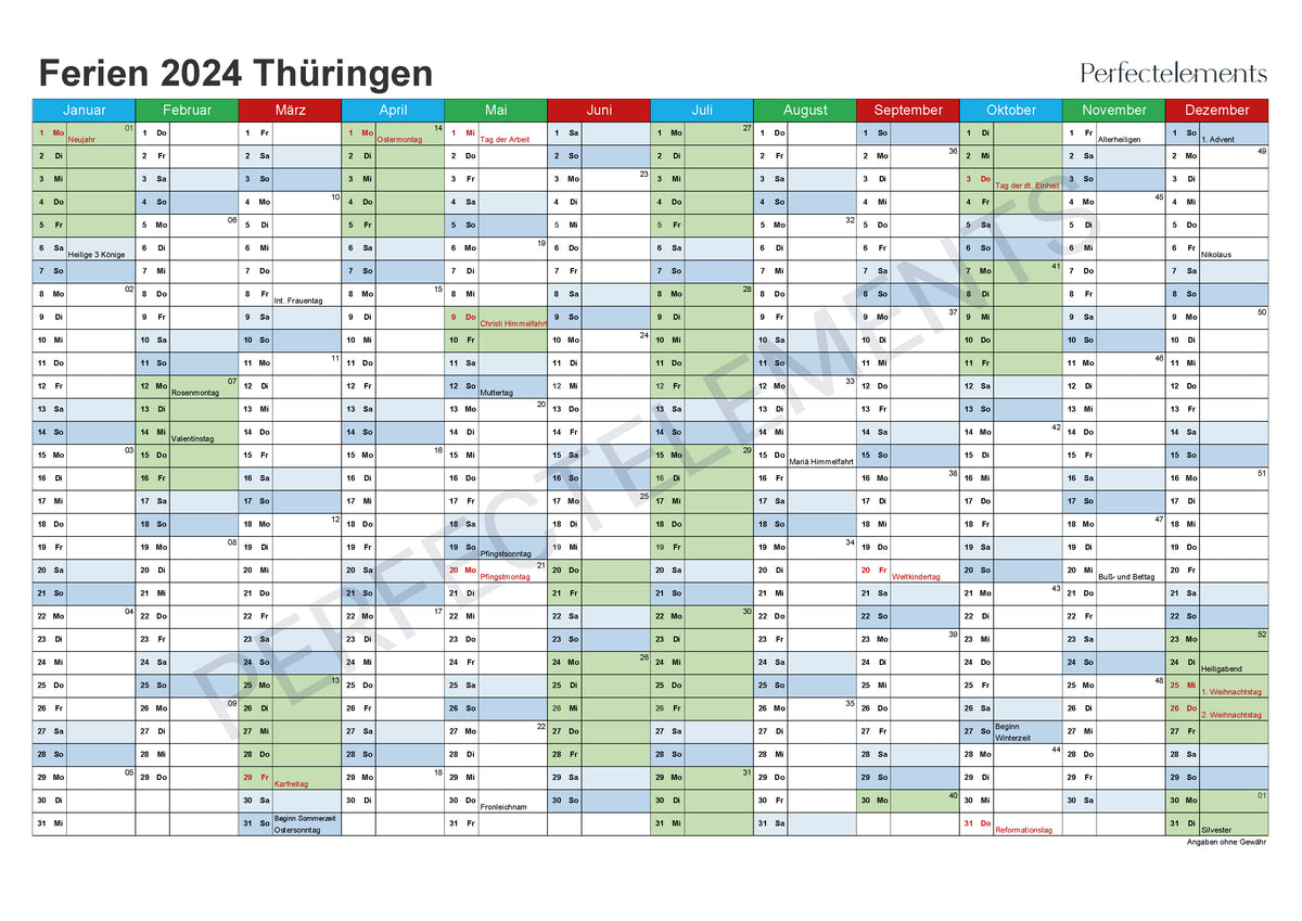 Jahreskalender 2024 im PDF-Format (Bundesland Thüringen)