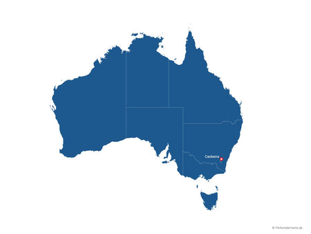 Vektor-Landkarte von Australien (Einfarbig mit Hauptstadt und Regionen)