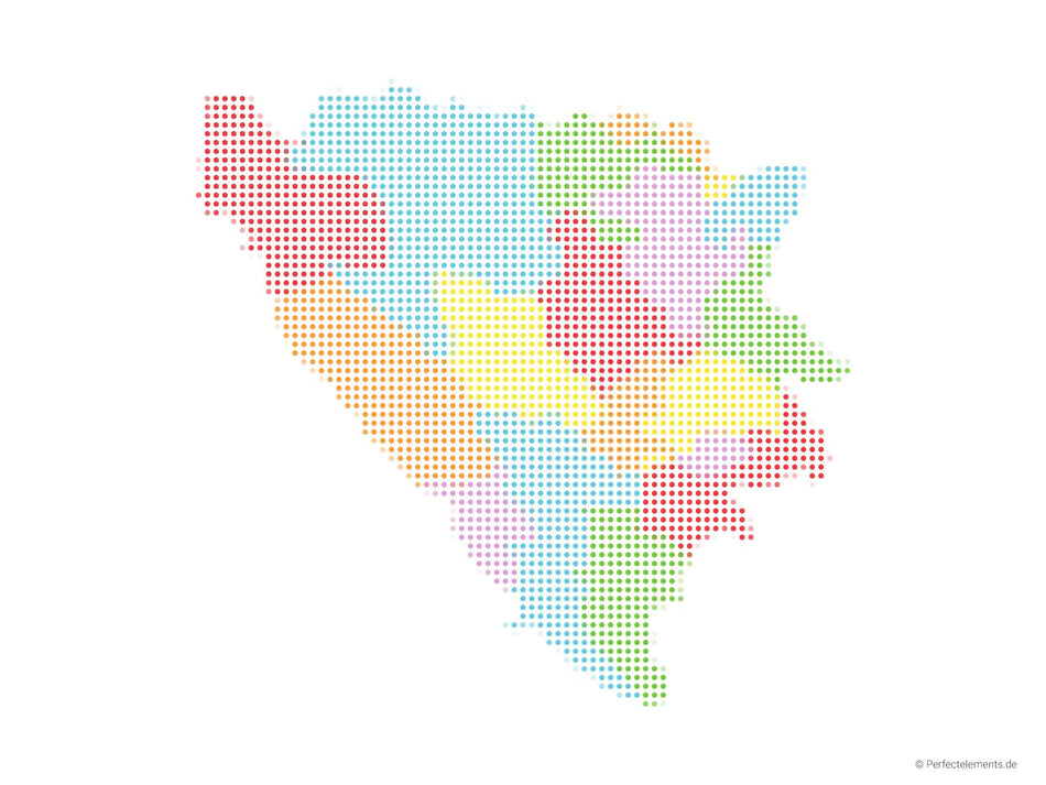 Vektor-Landkarte der Bosnien und Herzegowina (Punkte rund, mehrfarbig)
