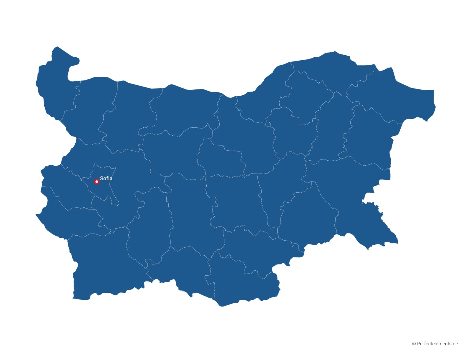 Vektor-Landkarte von Bulgarien (Einfarbig mit Hauptstadt und Regionen)