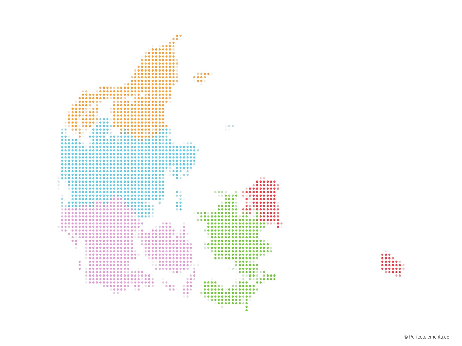 Vektor-Landkarte von Dänemark (Punkte rund, mehrfarbig)