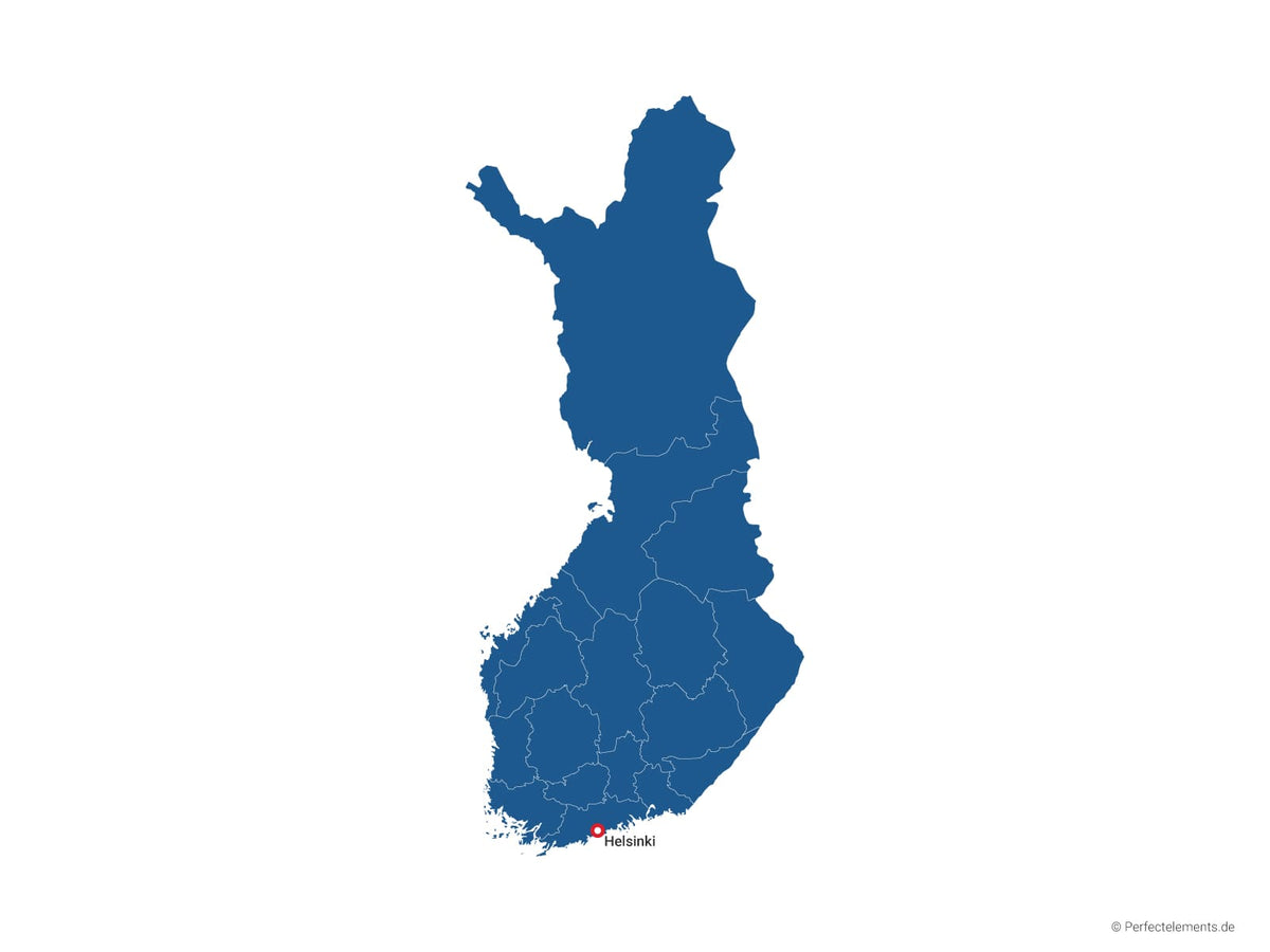 Vektor-Landkarte von Finnland (Einfarbig mit Hauptstadt und Regionen)