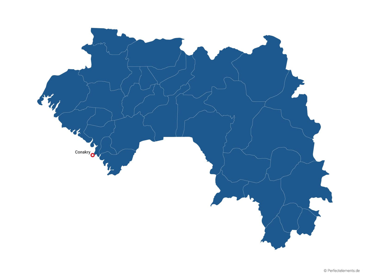 Vektor-Landkarte von Guinea (Einfarbig mit Hauptstadt und Regionen)