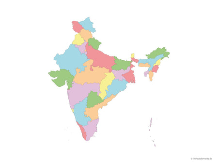 Vektor-Landkarte von Indien (Mehrfarbig mit Regionen)
