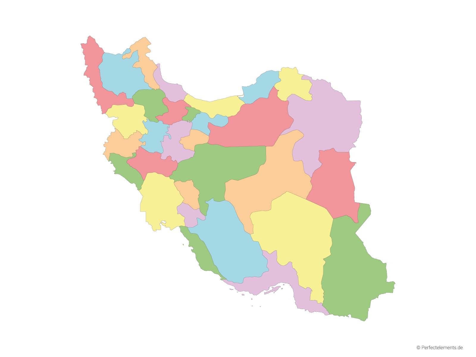 Vektor-Landkarte vom Iran (Mehrfarbig mit Regionen)