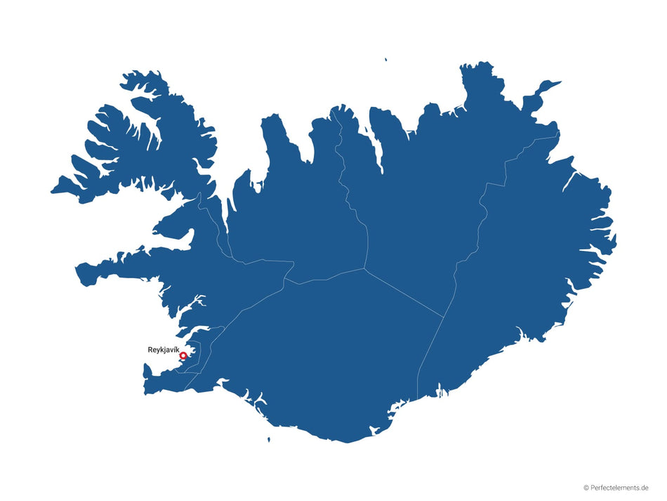 Vektor-Landkarte von Island (Einfarbig mit Hauptstadt und Regionen)