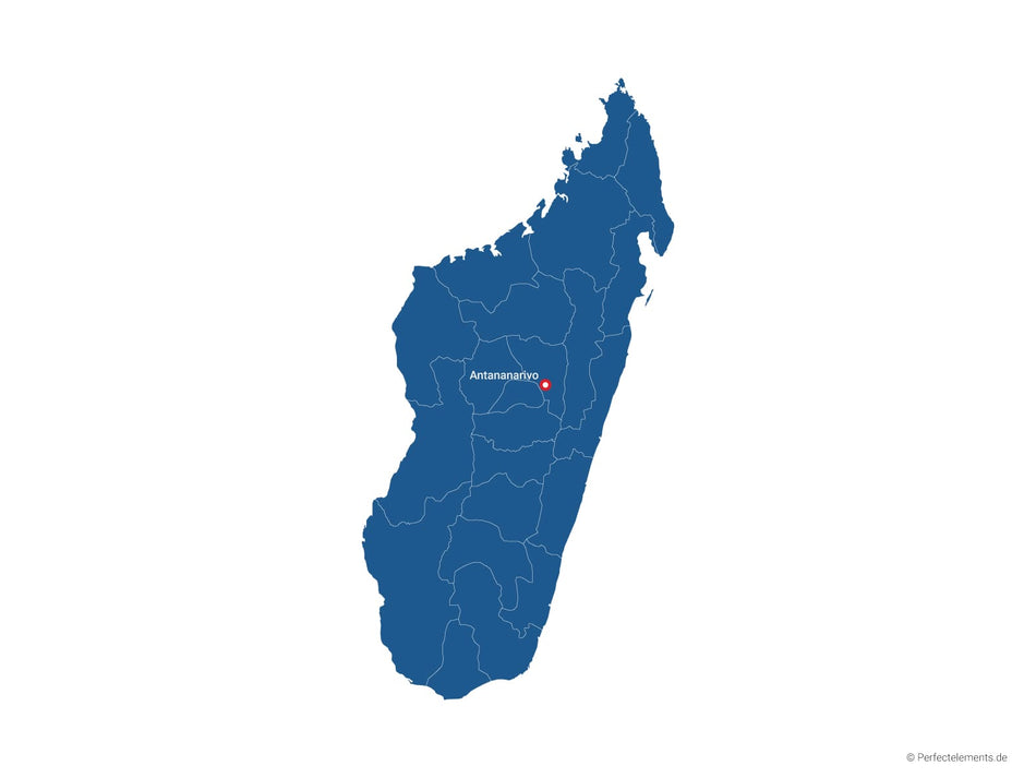 Vektor-Landkarte von Madagaskar (Einfarbig mit Hauptstadt und Regionen)