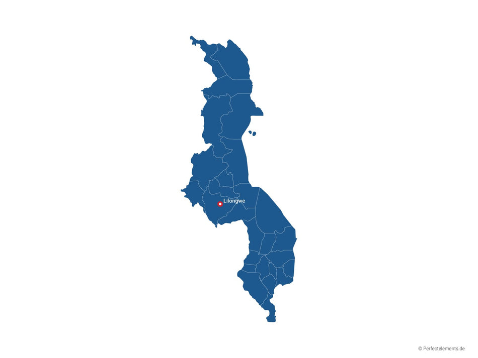 Vektor-Landkarte von Malawi (Einfarbig mit Hauptstadt und Regionen)