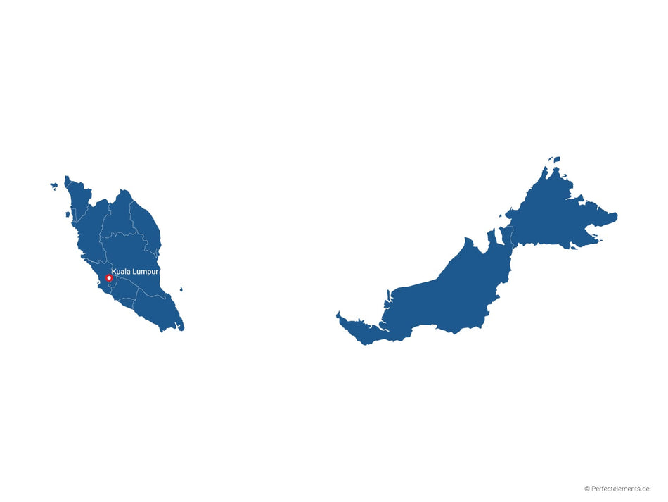 Vektor-Landkarte von Malaysia (Einfarbig mit Hauptstadt und Regionen)