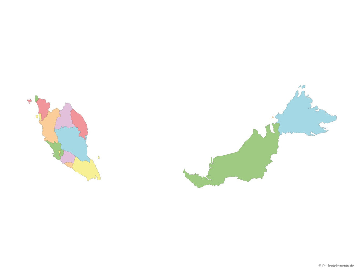 Vektor-Landkarte von Malaysia (Mehrfarbig mit Regionen)