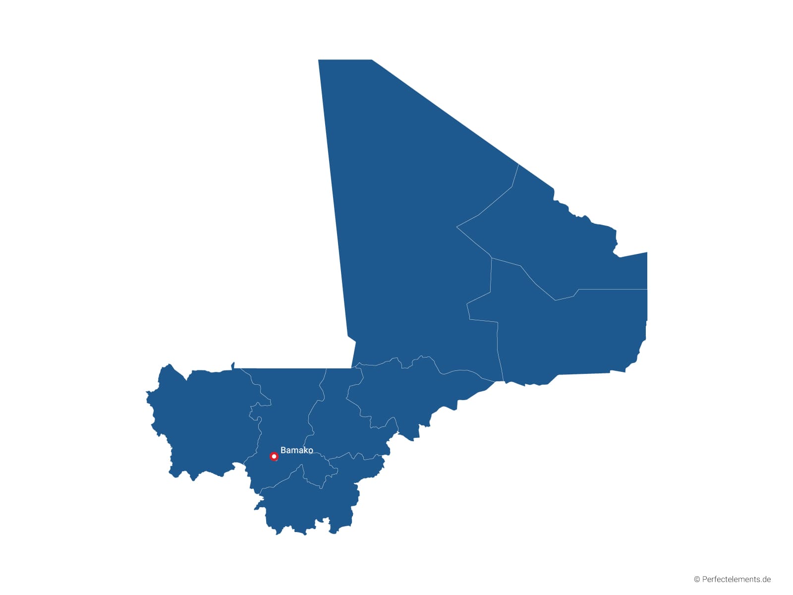 Vektor-Landkarte von Mali (Einfarbig mit Hauptstadt und Regionen)