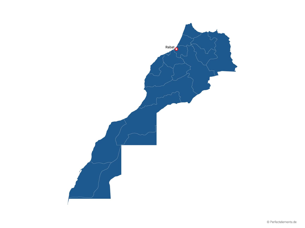 Vektor-Landkarte von Marokko, mit Westsahara (Einfarbig mit Hauptstadt und Regionen)