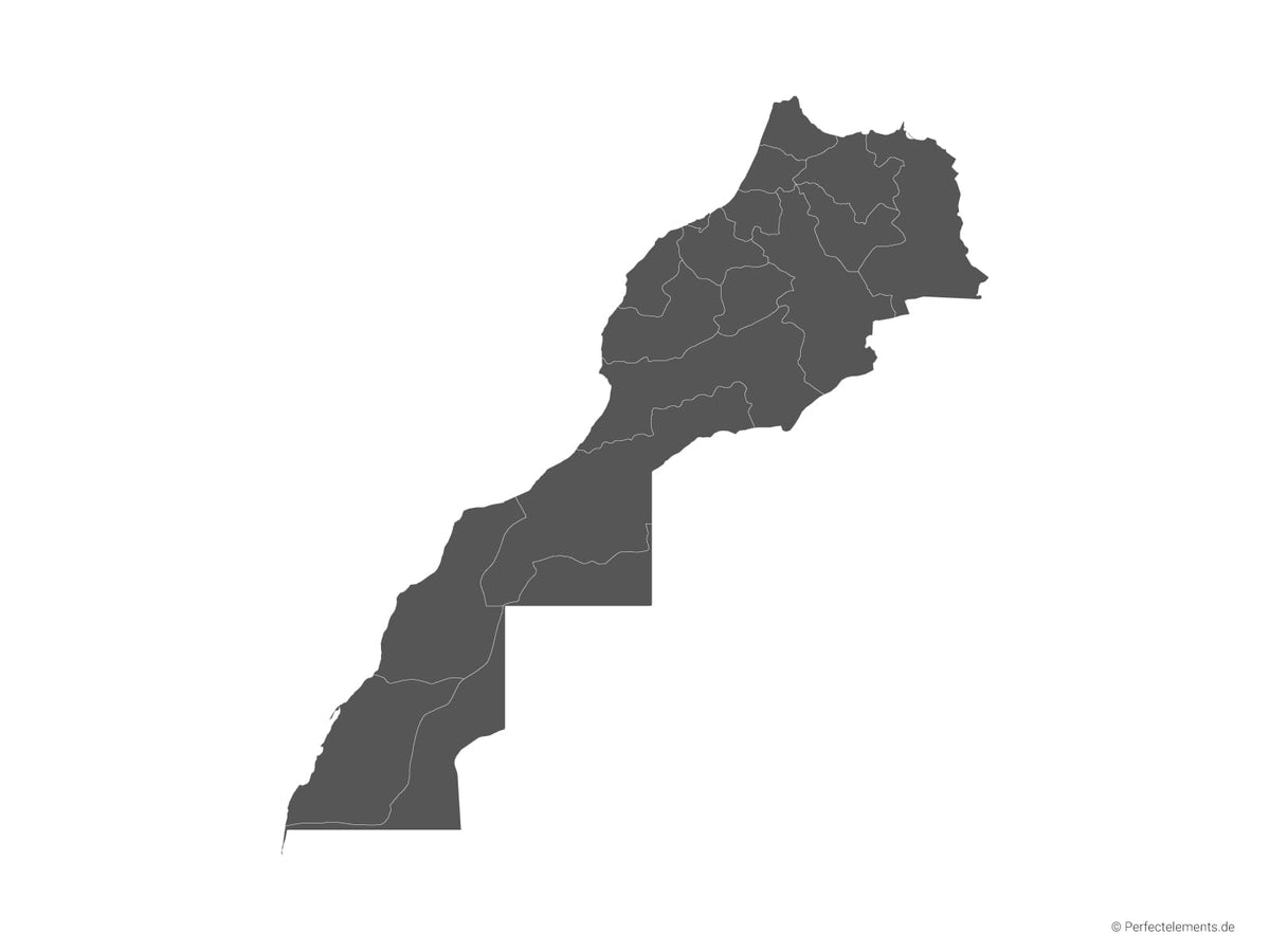 Vektor-Landkarte von Marokko, mit Westsahara (Einfarbig mit Regionen)