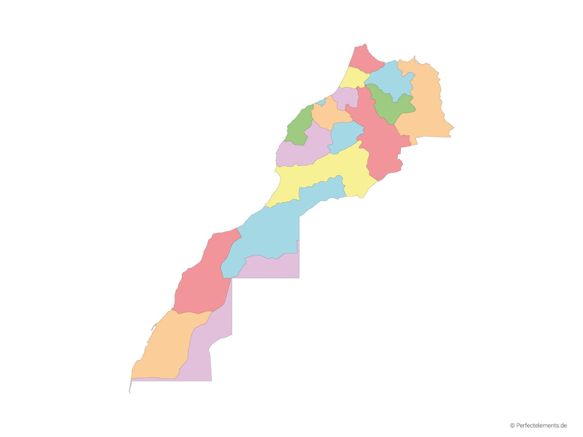 Vektor-Landkarte von Marokko, mit Westsahara (Mehrfarbig mit Regionen)