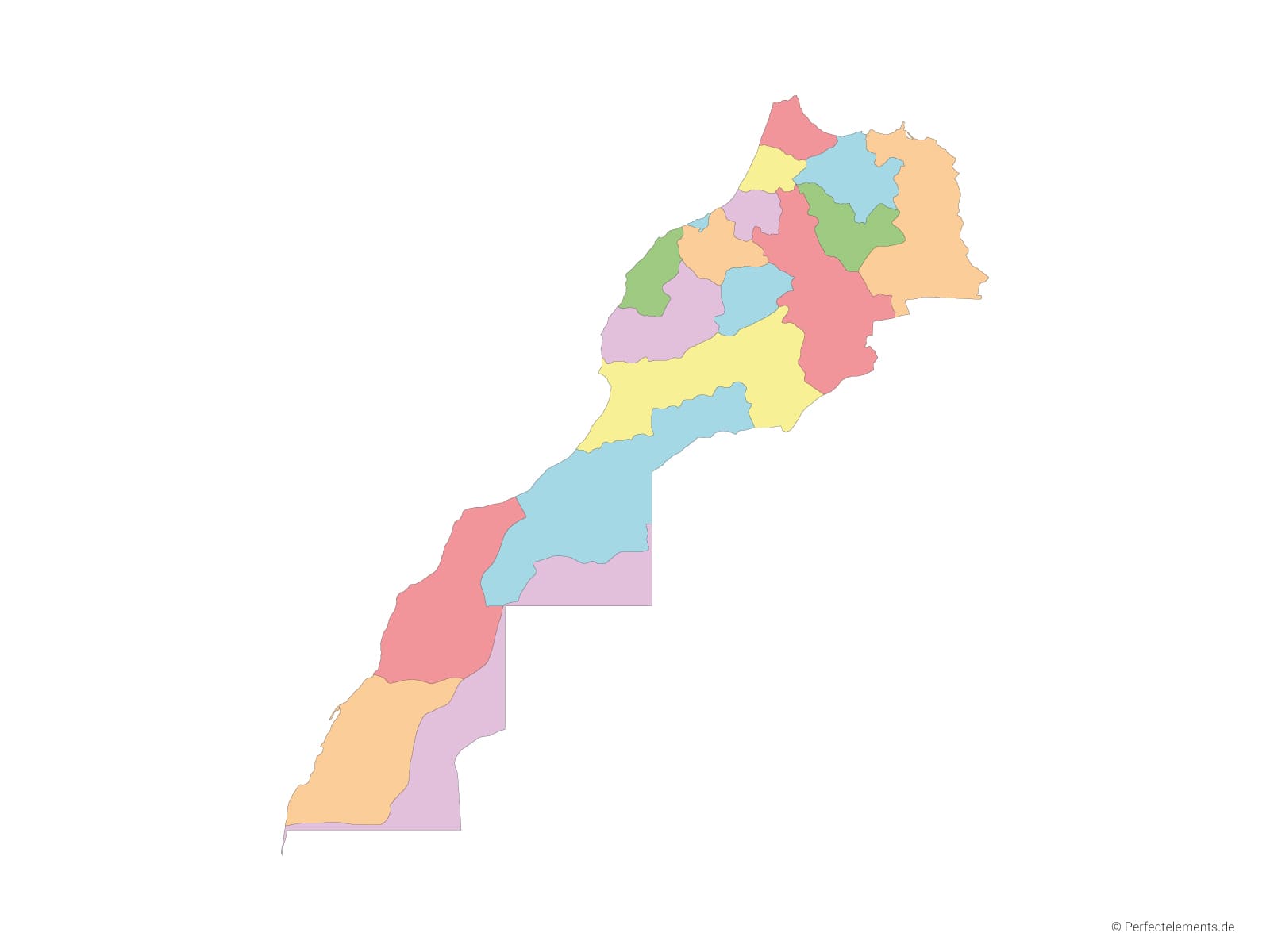 Vektor-Landkarte von Marokko, mit Westsahara (Mehrfarbig mit Regionen)